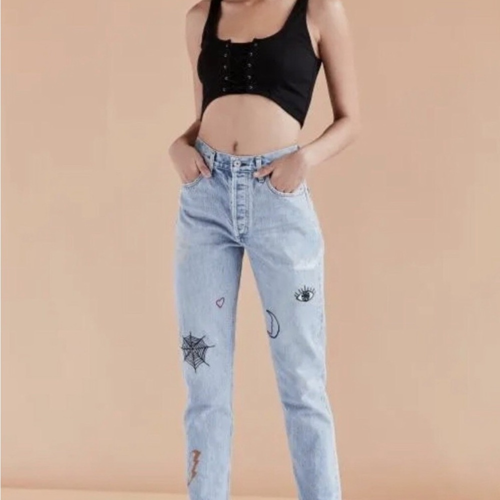 Agolde x UO Light Blue Straight Leg Jeans with Embroidery